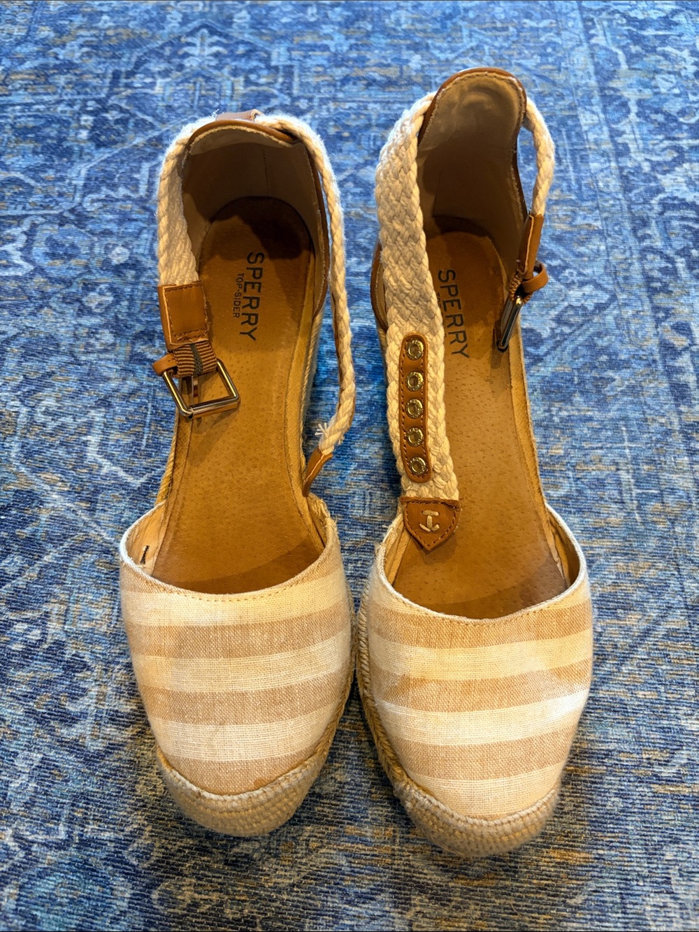 Sperry Beige and Cream Striped Espadrille Wedges